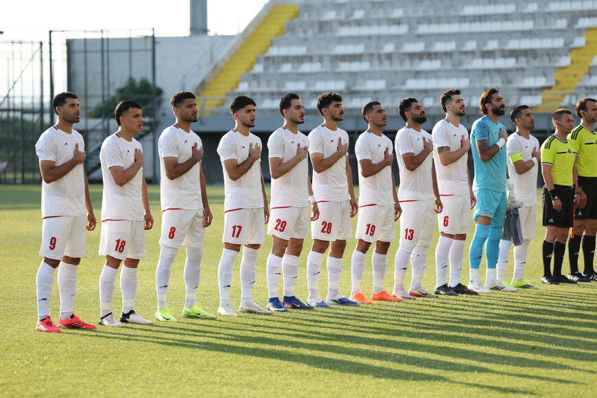 Iran's players stand during the national anthem before an international friendly football match between Iran and Gambia in Antalya, southern Turkey, on May 29, 2026, as part of the team's preparation for the upcoming football World Cup. (Photo by Oner San/AFP via Getty Images)