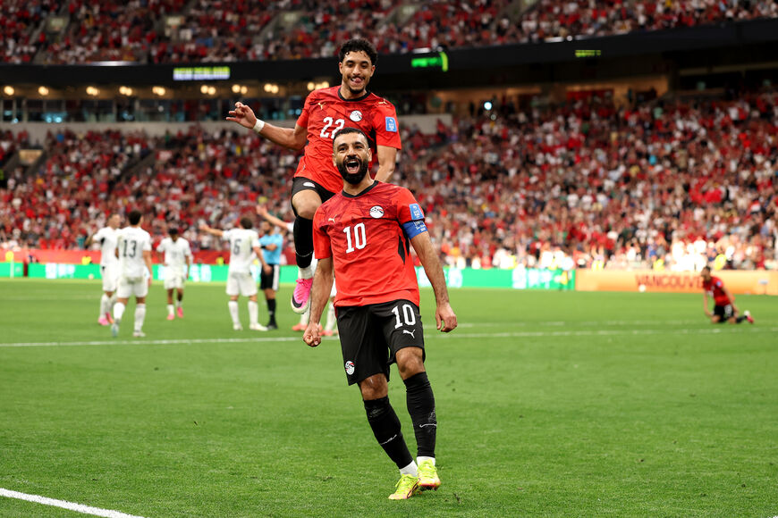 Mohamed Salah #10 of Egypt celebrates scoring his team's second goal during the FIFA World Cup 2026 Group G match between New Zealand and Egypt at BC Place Vancouver on June 21, 2026 in Vancouver, British Columbia. (Photo by Fran Santiago/Getty Images)