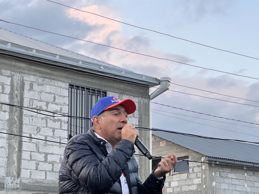 Armenian Prime Minister Nikol Pashinyan at a campaign rally in Aygehovit village, May 29, 2026. (Amberin Zaman/Al-Monitor)