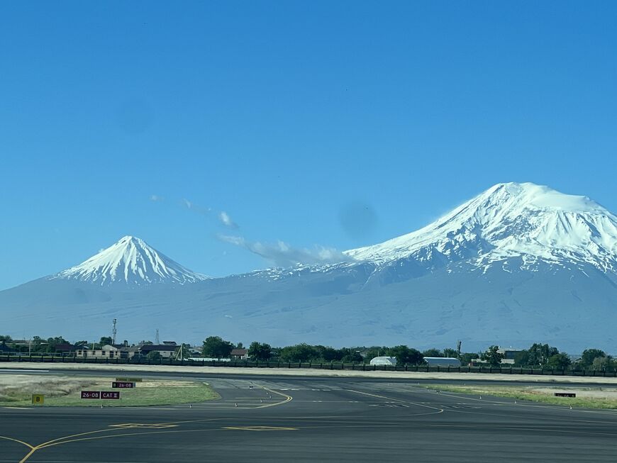 Mount Ararat and "Baby Ararat" viewed from Yerevan's Zvartnots International Airport, Yerevan, Armenia, May 31, 2026. (Amberin Zaman/Al-Monitor)