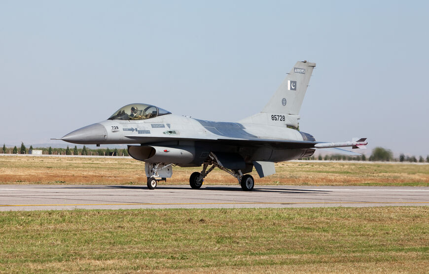 A Pakistani JF-17 combat aircraft stands on the runway after completing a demonstration flight. (Getty)