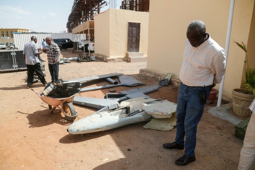 The remains of a drone during a display of weapons reportedly seized by the Sudanese army, which it says were supplied to the RSF by foreign countries