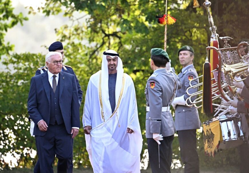 German President Frank-Walter Steinmeier and UAE President Mohamed bin Zayed Al-Nahyan reviewing a military honour guard in Berlin