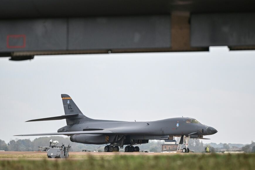 A US Air Force B-1 Lancer bomber is pictured on the tarmac at RAF Fairford base which has been used by the US military in its war on Iran
