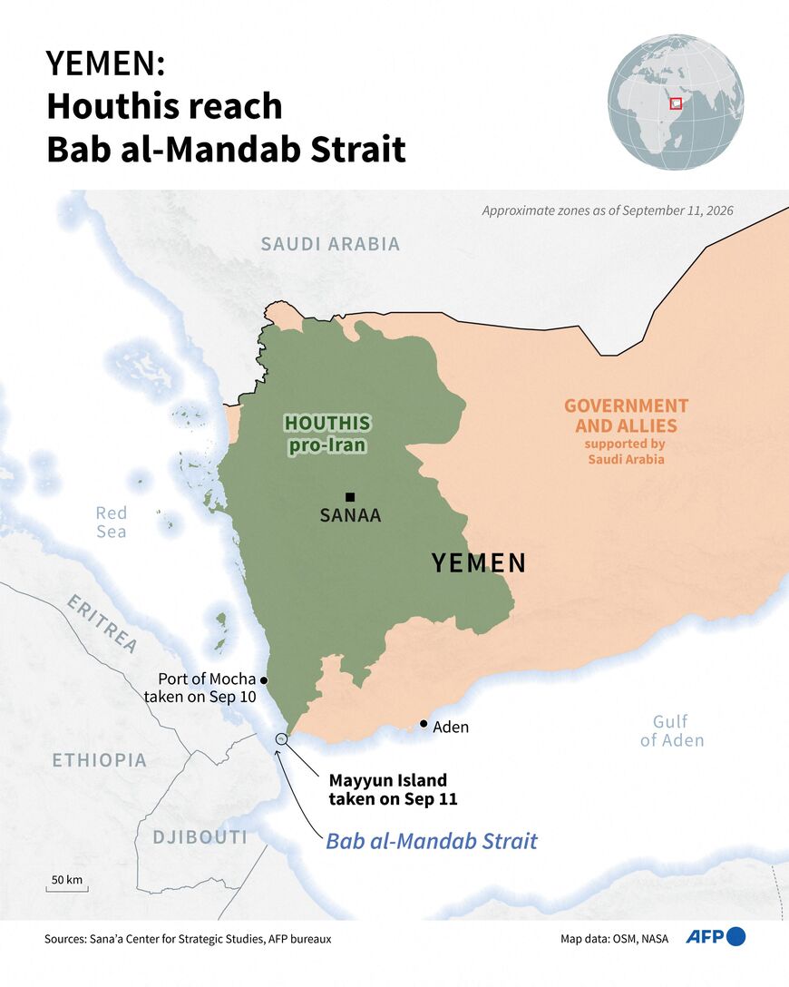 Infographic with a map of Yemen showing areas controlled by government forces and the pro-Iran Houthi rebels as of September 11, 2026, according to the Sana'a Center (Graphic by Paz PIZARRO and Olivia BUGAULT / AFP via Getty Images)