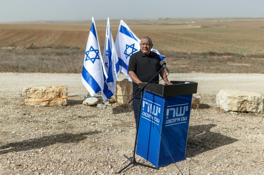 Gadi Eisenkot, former Israeli army chief and aspirant to be prime minister, delivers a statement at the Black Arrow memorial site near Kibbutz Mefalsim, adjacent to the border with the Gaza Strip, on October 15, 2026