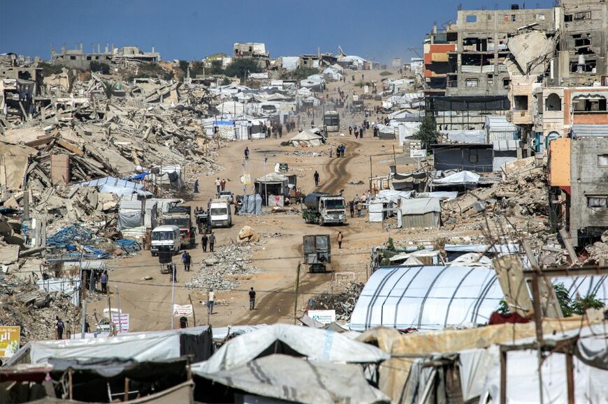 Tents are pictured by the rubble of collapsed buildings in the Jabalia camp for Palestinian refugees in the northern Gaza Strip