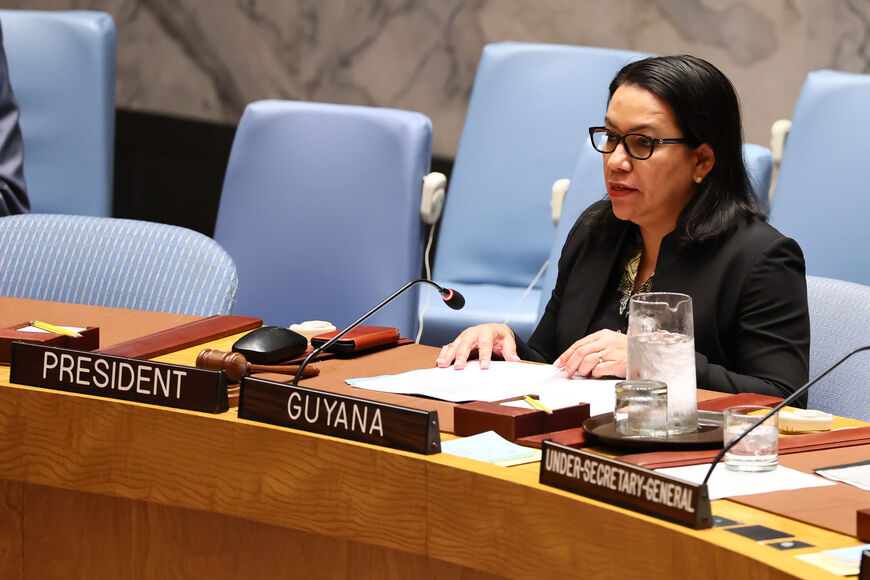 Ambassador Carolyn Rodrigues-Birkett, Permanent Representative of Guyana to the UN and president of the Security Council for the month of June, speaks during a UN Security Council meeting on threats to international peace and security at the United Nations Headquarters on June 13, 2025 in New York City. (Photo by Michael M. Santiago/Getty Images)