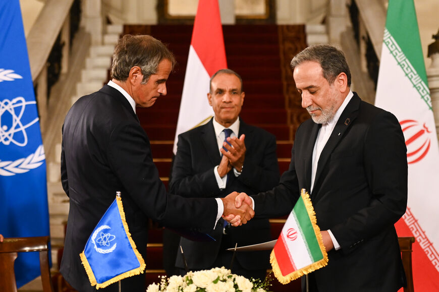 Iranian Foreign Minister Abbas Araqchi (R) and Director General of the International Atomic Energy Agency (IAEA) Rafael Grossi (L) sign a protocol concerning Nuclear Inspections on September 9, 2025 in Cairo, Egypt. Iran had halted inspections of its nuclear program since Israel and the United States bombed several facilities in June. (Photo by Sayed Hassan/Getty Images)