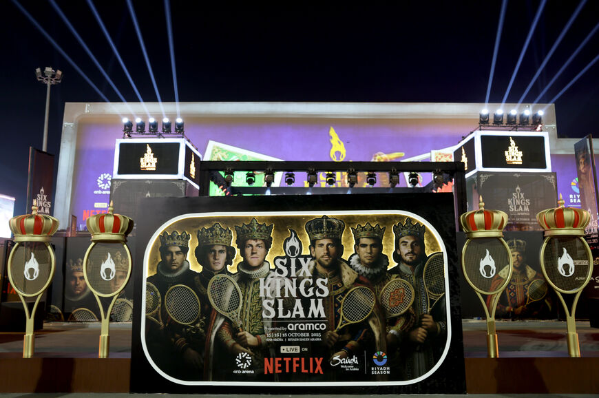 A view from the entrance to the fan area at night in front of the ANB Arena during day one of the Six Kings Slam 2025 at ANB Arena on October 15, 2025 in Riyadh, Saudi Arabia. (Photo by Clive Brunskill/Getty Images)