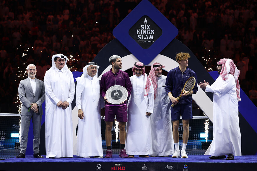 Jannik Sinner of Italy and Carlos Alcaraz of Spain with Turki Al-Sheikh and Yasir Al-Rumayyan after the Men's Single's Final on day three of the Six Kings Slam 2025 at ANB Arena on October 18, 2025 in Riyadh, Saudi Arabia. (Photo by Clive Brunskill/Getty Images)