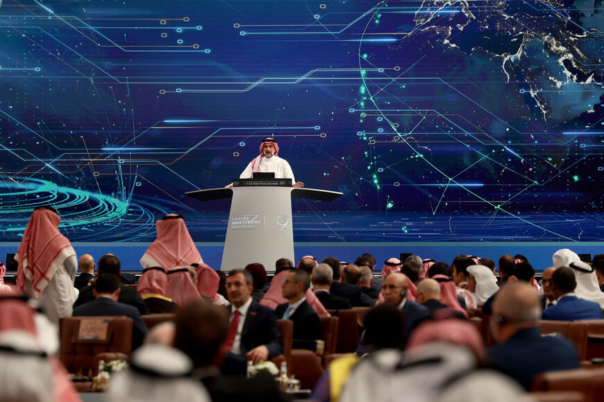 Yasir Al-Rumayyan, head of the Public Investment Fund, Saudi Arabia's influential sovereign wealth fund, addresses the opening ceremony of the Future Investment Initiative, in Riyadh on October 28, 2025. Saudi Arabia opened a major investment conference featuring heads of state and the global business elite on October 28, 2025, as it seeks support for its sprawling "gigaprojects" and sky-high AI ambitions. (Photo by Fayez Nureldine / AFP) (Photo by FAYEZ NURELDINE/AFP via Getty Images)