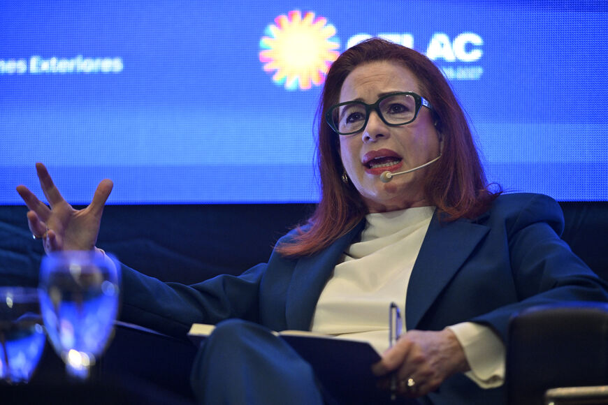 Latin American candidates for UN Secretary-General, Ecuadorean Maria Fernanda Espinosa, speaks during the Regional Dialogue on the Future Leadership of the United Nations in Montevideo on August 3, 2026. (Photo by Santiago Mazzarovich/AFP via Getty Images)