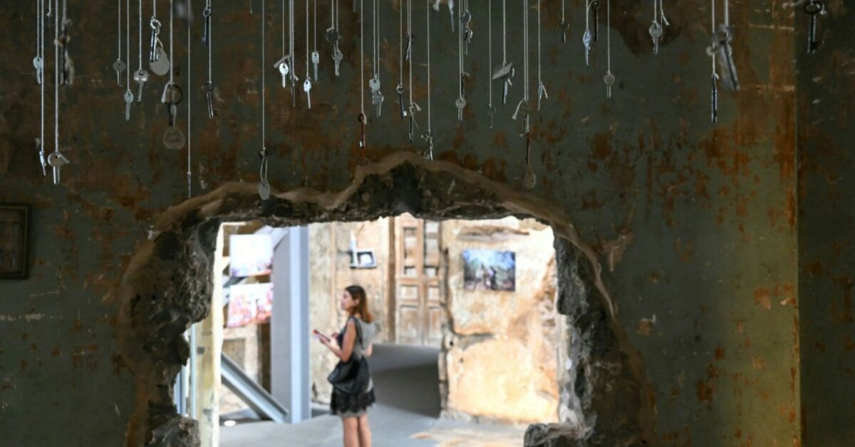 An installation featuring keys from destroyed houses in south Lebanon forms part of an ongoing exhibition at a Beirut museum