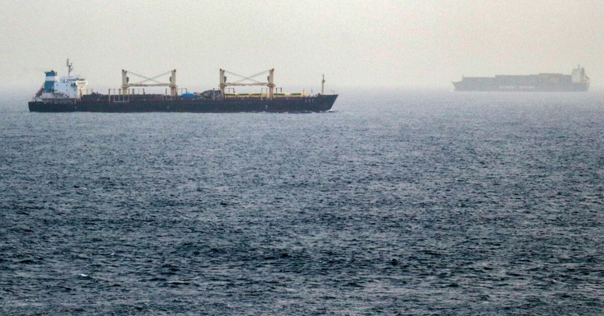 Vessels transit the Bab el-Mandeb Strait off the coast of southern Yemen on July 25, 2026