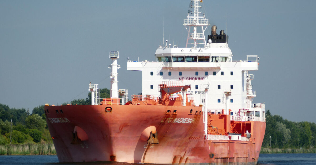 A picture taken August 17, 2020 shows the chemical tanker Stolt Magnesium, which caught fire on Tuesday following the "explosion of an unidentified external device" as it was sailing in the Arabian Sea off the coast of Oman, according to its manager Stolt Tankers, the main unit of Norwegian shipping company Stolt-Nielsen's SNI.OL, in Rendsburg-Eckernforde, Germany, in this picture obtained by Reuters on July 14, 2026. Hans-Peter Schroder/via REUTERS