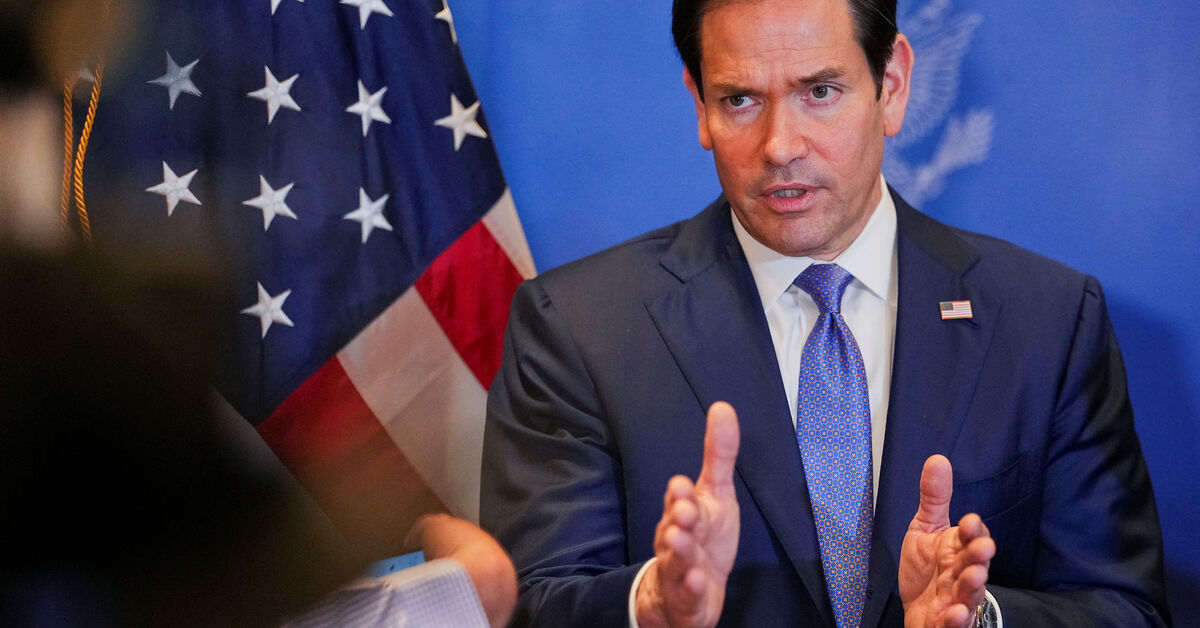 FILE PHOTO: U.S. Secretary of State Marco Rubio speaks with members of the media before departing for Bahrain International Airport after his visit to the Middle East to discuss the interim deal between the U.S. and Iran with Arab Gulf allies, in Manama, Bahrain, June 25, 2026. REUTERS/Eric Lee/Pool/ File Photo