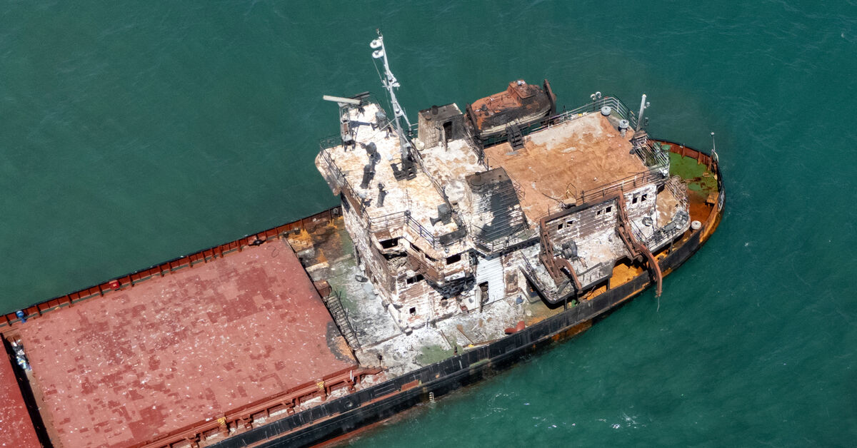 A drone view shows the Russian-flagged general cargo ship Omskiy-107 aground off the coast of Sile in Istanbul, Turkey, September 1, 2026. REUTERS/Murad Sezer
