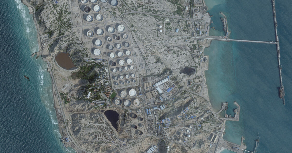 FILE PHOTO: A satellite image shows an oil terminal at Kharg Island, Iran, February 25, 2026. 2026 Planet Labs PBC/Handout