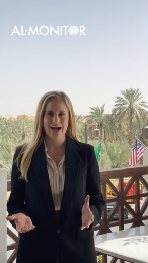 Al-Monitor's State Department Correspondent Elizabeth Hagedorn stands on a balcony in Riyadh, Saudi Arabia reporting on President Trump's trip to the Gulf.