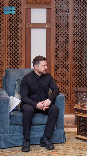Ukrainian President Volodymyr Zelenskyy sits across from Saudi Arabia's Crown Prince Mohammad bin Salman in Jeddah, Saudi Arabia. 