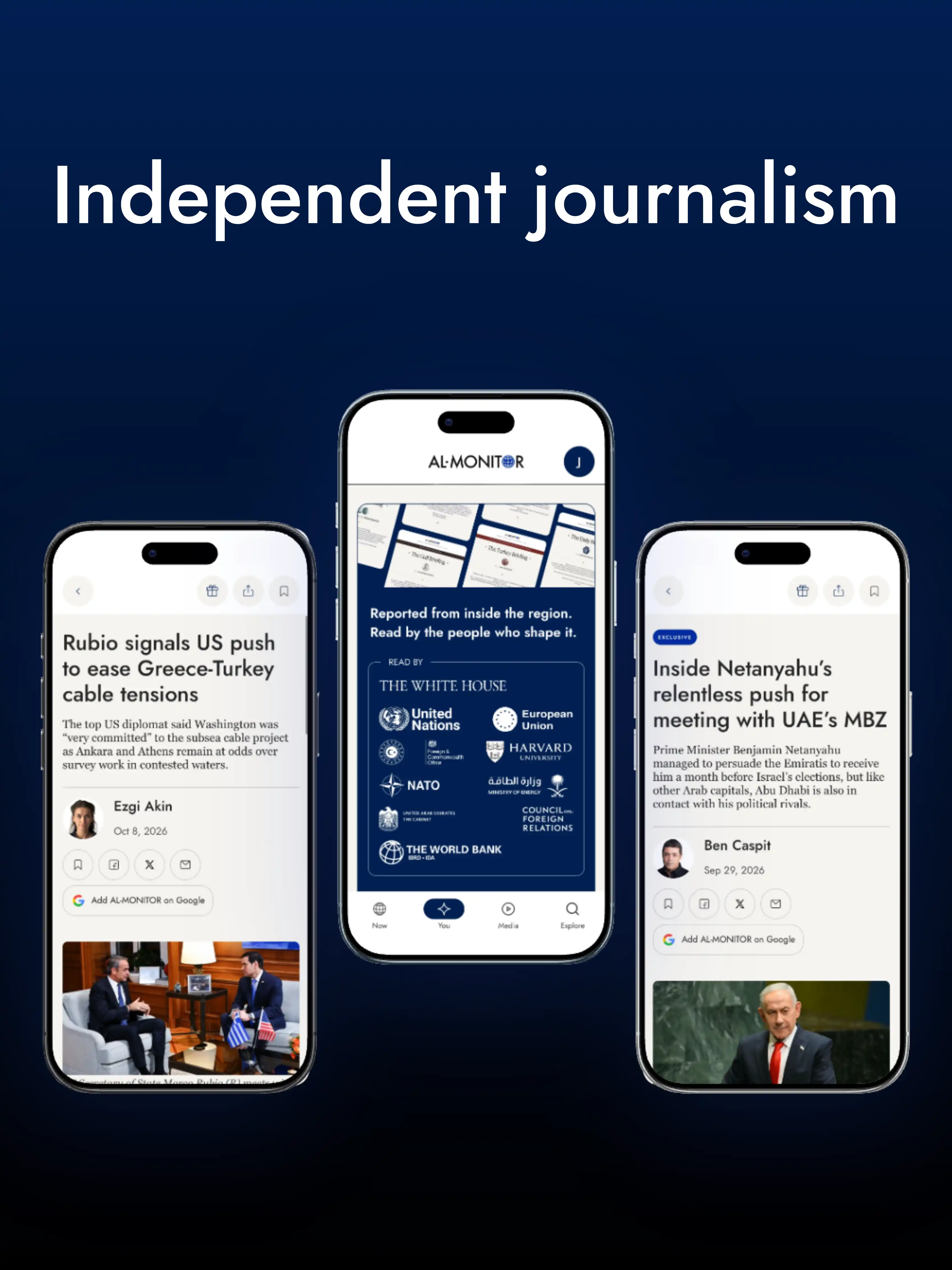 multiple screens showing AL-MONITOR diversity in reporting and organizations that subscribe