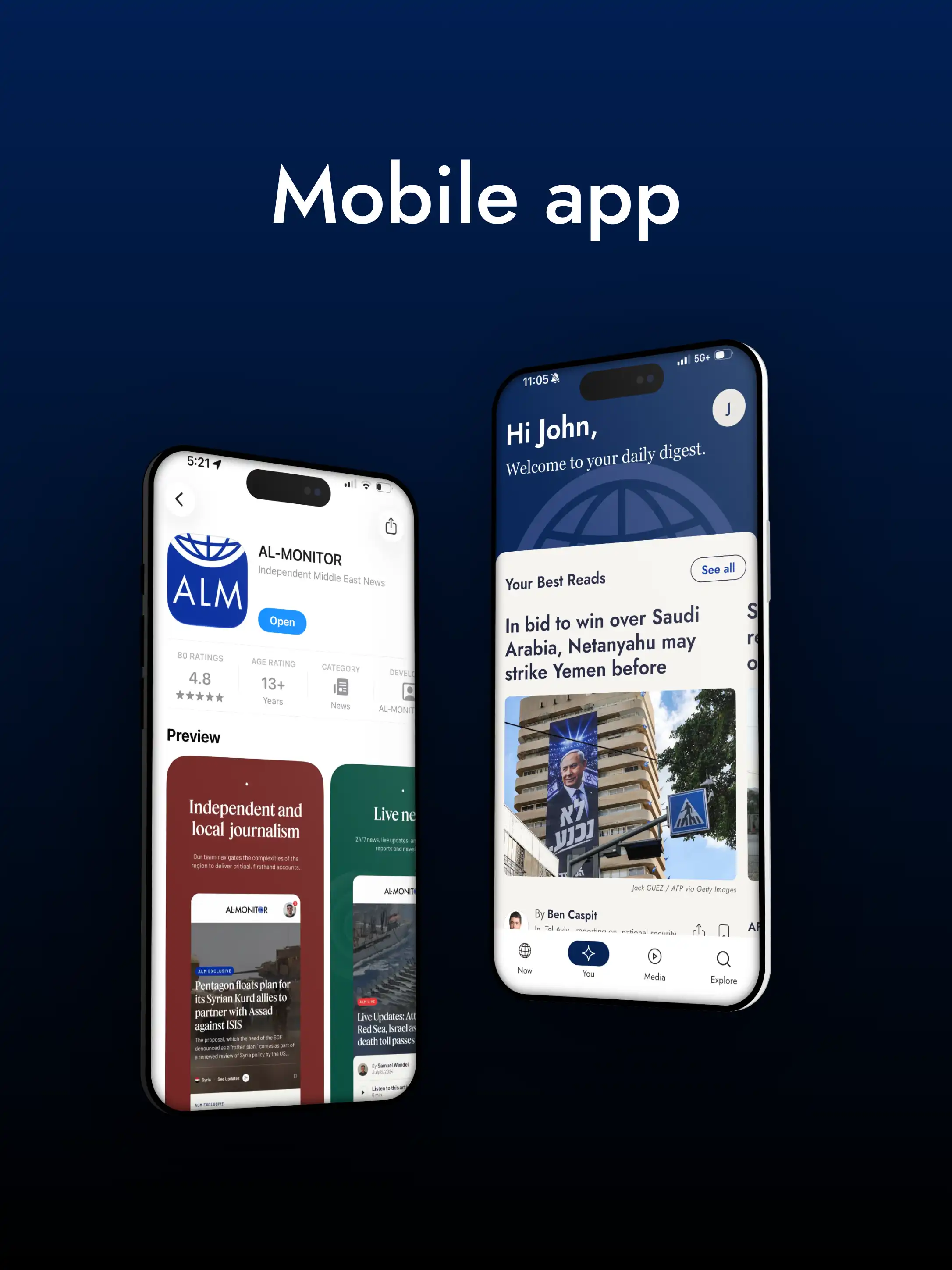 screenshot of AL-MONITOR in app store and another showing in-app For You section